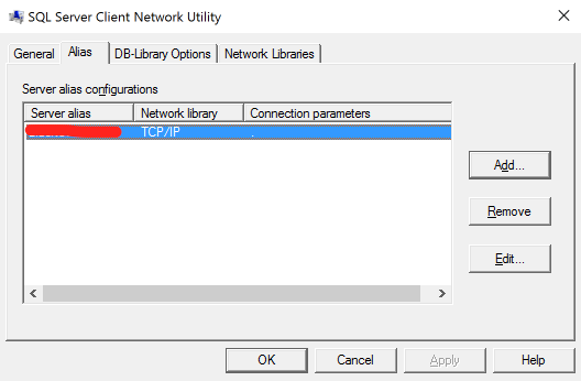 SQL Server Client Network Utility alias tab